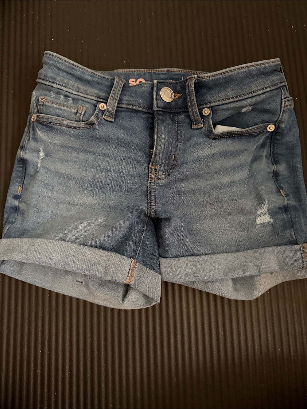 SO Women's Rolled-Hem Distressed Denim Shorts - Blue